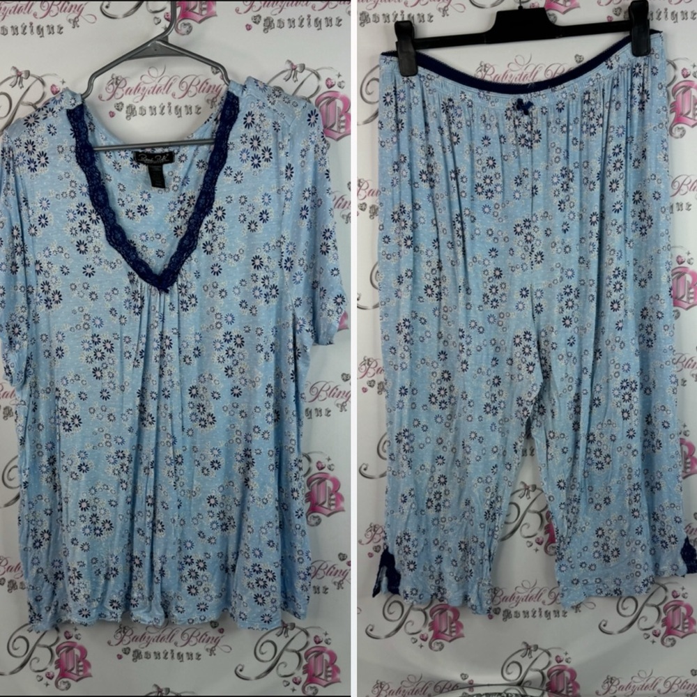 Rene Rofe set 2 piece top and capri pants bows ribbons Blue Floral Pajama Pants